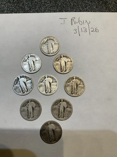 Lot of 9 Standing Liberty Silver Quarters - All dates rubbed out