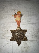 Vintage German Celluloid Christmas Angel Ornament Celestial Glitter Star Horn 4"