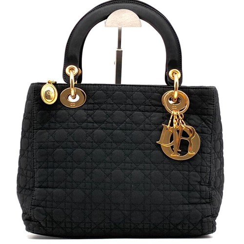 Christian Dior Lady Dior Cannage Nylon Tote Bag Black Gold Charm Authenticated