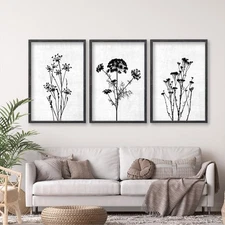 Flower Plant Wall Art Decor 24"x16" Set of 3 Black And White Botanical Painti...