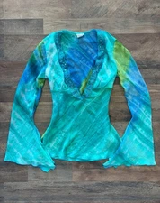 Vintage Long Flare Sleeve Mesh Paisley Sequin Lace Plunge Top Fairy Boho Medium