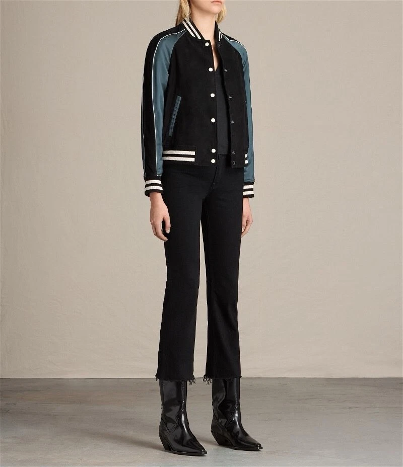 All Saints Epton Black/Blue Suede Satin Leather Bomber Jacket Size S - Image 3 of 4