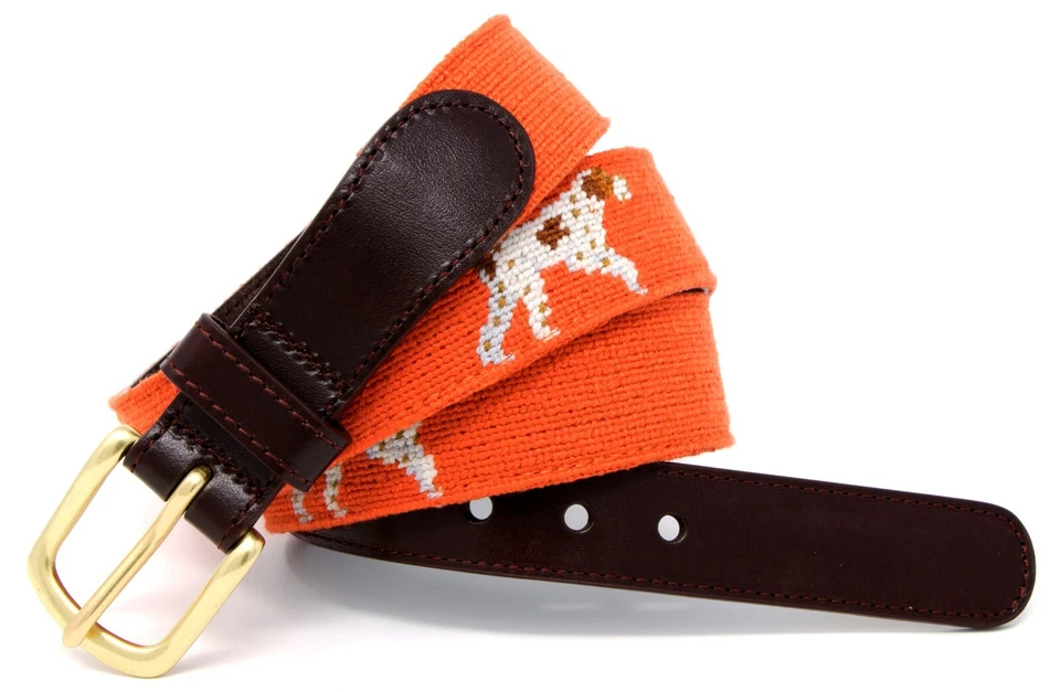 Cinturón Pointer Dog Needlepoint para hombre cosido a mano/respaldo de cuero de grano completo Foto 2 de 4