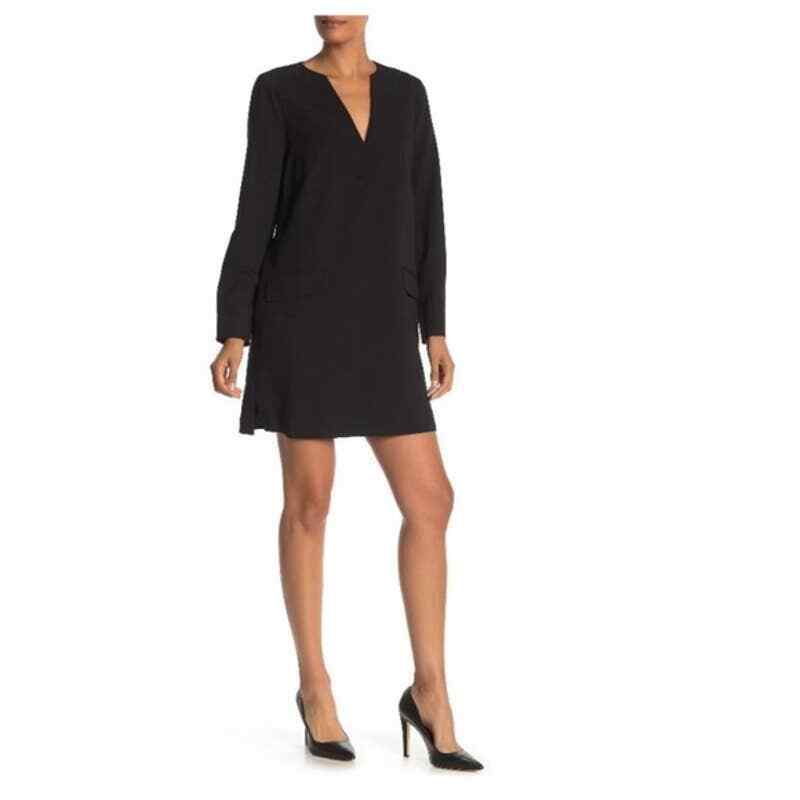 Black Split V Neck Long Sleeve Shift Dresses Black Split V Neck Long Sleeve Shift Dresses