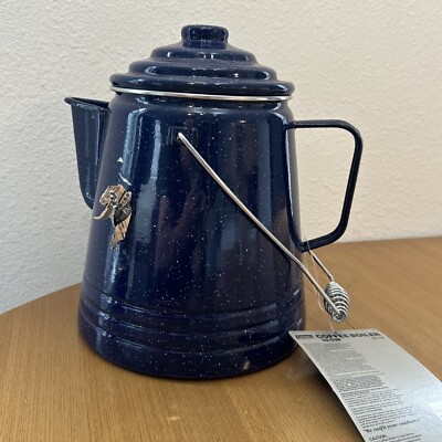 Vintage 32 Cup Coleman Coffee Boiler Enamelware Kettle for Campsite BLUE