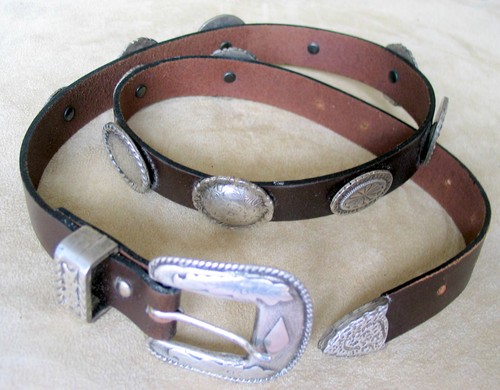 Vintage leather Belt with 11 silver Conchos & Buckle, 38" L, 1"W, weighs 8 oz