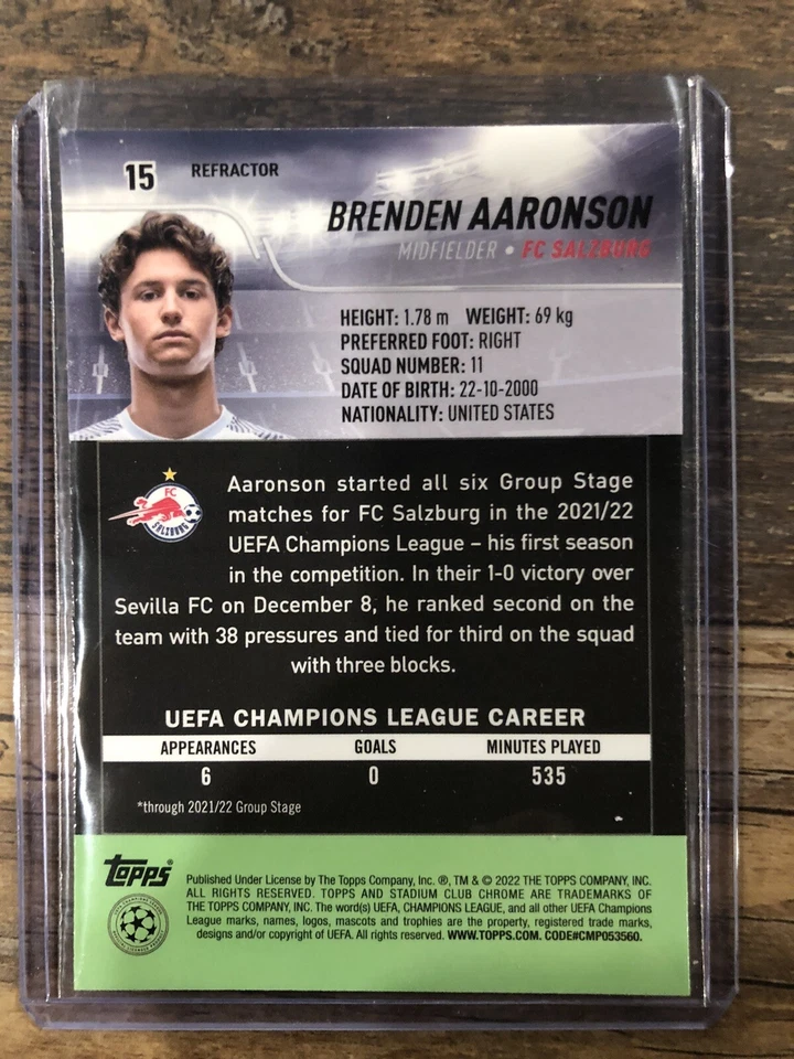 2021-22 Topps Stadium Club Chrome Brenden Aaronson Refractor #15 FC Salzburg - Image 2 of 2
