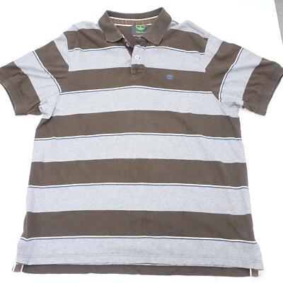 Timberland Polo Shirt Men's 2XL Brown Gray Striped Cotton Short Sleeve Collared