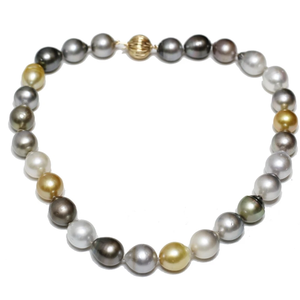 Collar de perlas de Tahití y Mar del Sur 13 - 15 mm multicolor oro amarillo de 18" 14k