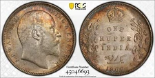 Nicely Toned 1906 C India 1 Rupee Silver Coin - PCGS MS 62