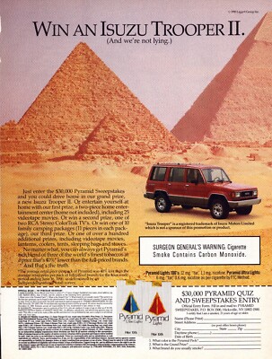 Vintage 1990 Print Ad - Pyramid Cigarettes - Win an Isuzu Trooper II