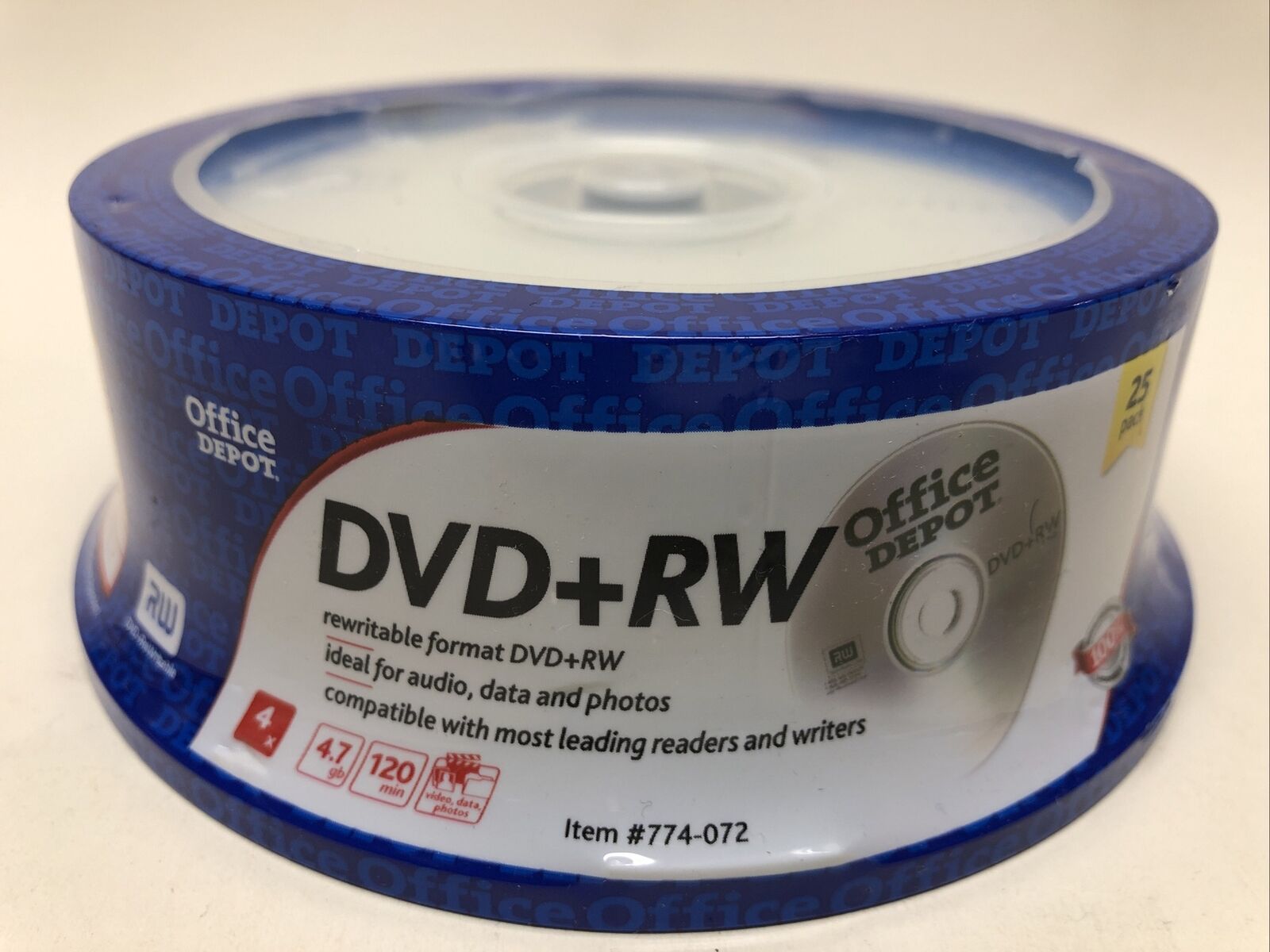 New 25 Pack Office Depot DVD+RW 4.7GB 4x Speed Rewritable Blank Discs
