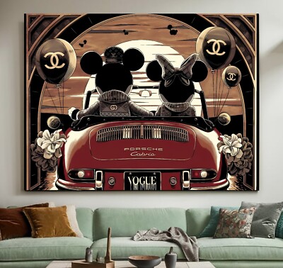 LEINWAND BILDER BIS 160x120x5 DISNEY MICKY & MINI-MAUS PORSCHE VINTAGE ART-DECO