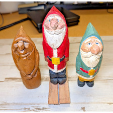 3 Vintage Hand Carved Wood Folk Art Santa Claus Elf Figures Primitive Rustic Ed