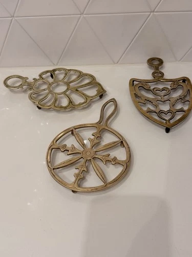 Vintage Brass Trivet Lot of 3 Heart Dragon Floral Round Footed Kitchen Decor video thumbnail