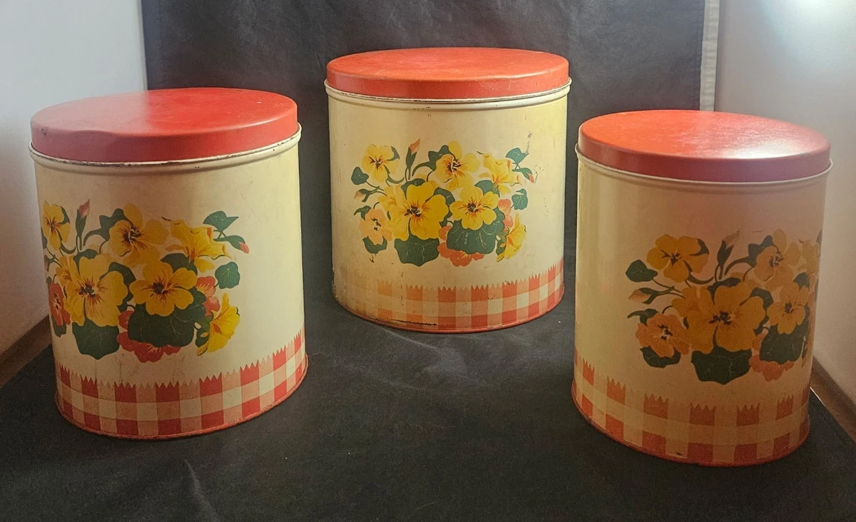 Vintage Tin Canister Set In Collectible Metal Kitchen Canisters