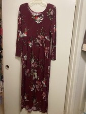 Viishow Womens Maxi Dress L Large Burgundy Red Floral Print Long Sleeve