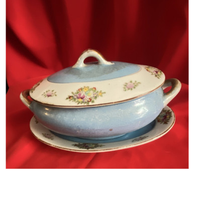 Blue Floral Porcelain Soup Tureen with Lid and Underplate, Oval, Painted