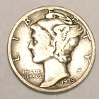 1939 D Mercury Winged Head Dime 10 Cents Silver Coin F+