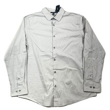 Alfani Dress Shirt Mens Large Grey Stripe Regular Fit 2-Way Stretch NEW