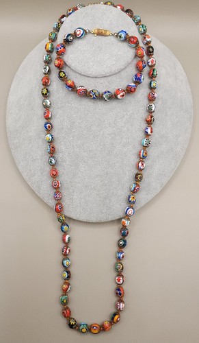 1950s Vintage Murano Millefiori Glass Beaded Set Hand Knotted Necklace Bracelet
