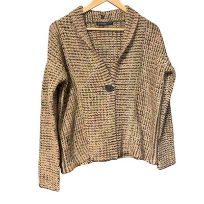 Peruvian Connection Alpaca Blend Sweater S Shawl Birdseye Button Metallic Earth