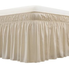 Wrap Around Bed Skirt Three Fabric Sides Elastic Queen/King-16" Drop Beige