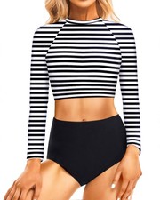 Rash Guard 2 Piece Long Sleeve Swimsuit Women Stripe UV UPF 50 Swim Crop Top...