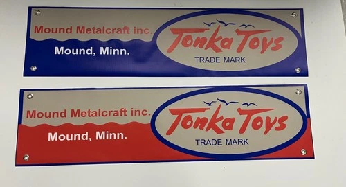 Two Tonka Toy Metalcraft Truck Banner signs