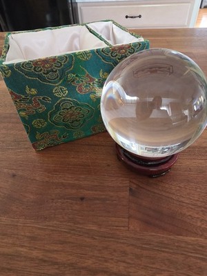 Vintage Clear Glass Reflection Ball With Original Stand And Rare Silk Lined Box
