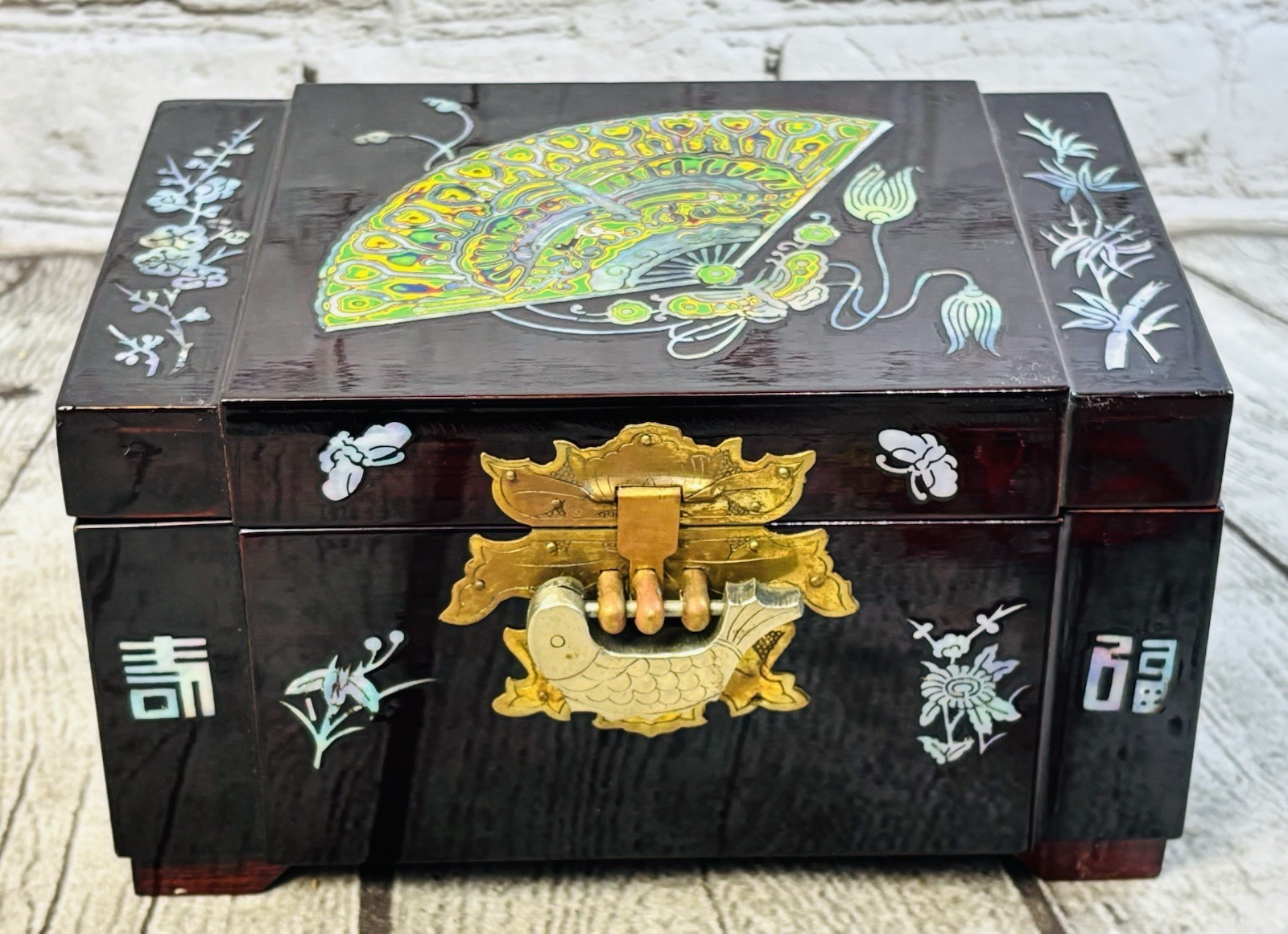 Vintage Oxblood Lacquer Jewelry Box with Mother of Pearl Inlay & Fish Lock Key