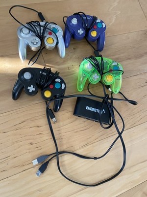Lot of 4  Assorted Third Party GameCube Controllers 2 work!  Also 4 to 1 Adapter
