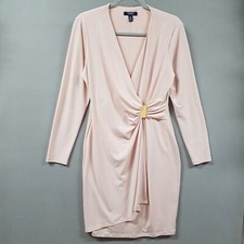 Chaps Dress Women's 12 Pale Pink Gold Buckle Faux Wrap 3/4  Sleeve Office Career