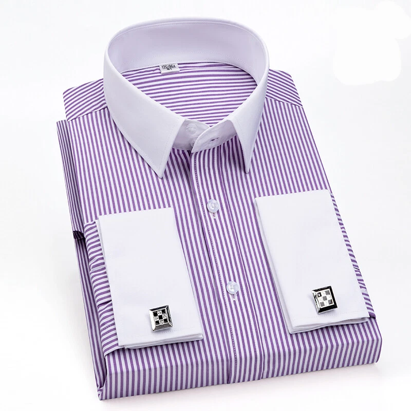 Mens Dress Shirts The White Collar Luxury Slim Fit French Cuff Formal Shirts Top - Image 4 of 4
