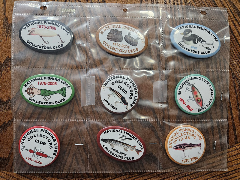 9- National Fishing Lure Collectors Club. OVAL & ROUND Pinback Buttons