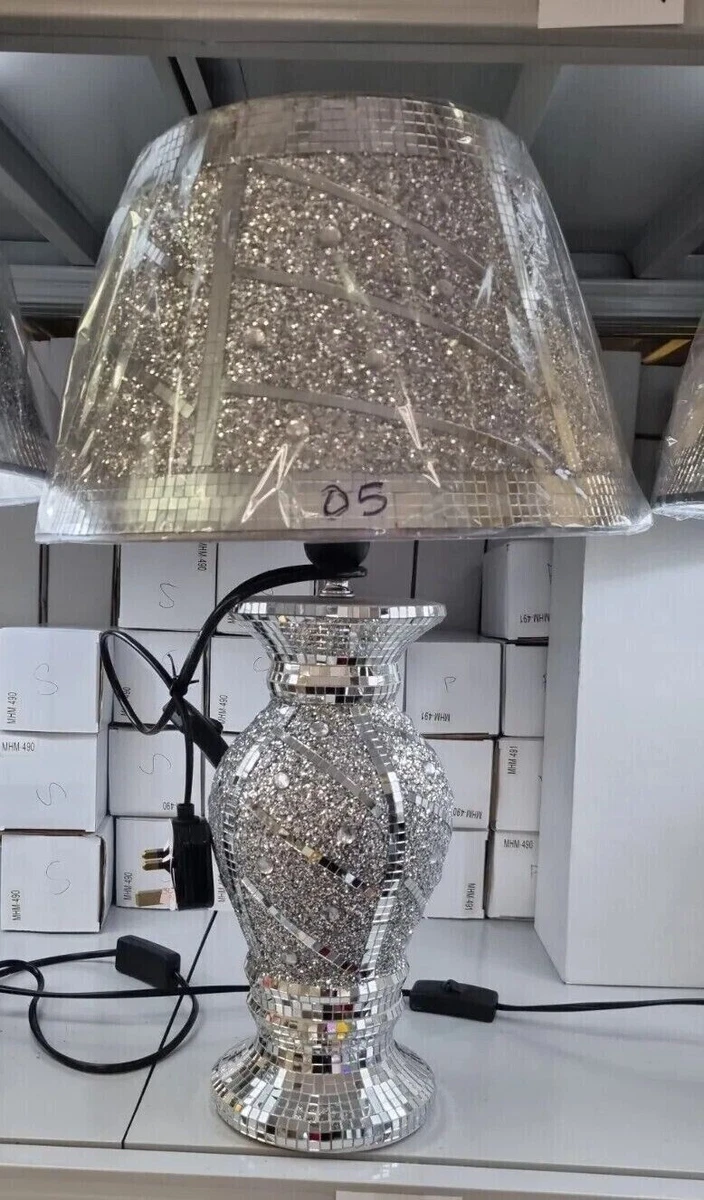 Silver Glitter Crushed Diamond Table With Lamp Shade Diamante Ornament Circle