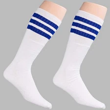 12 Pairs 1 Dozen Unisex Crew Retro Old School White Tube Socks Striped Blue