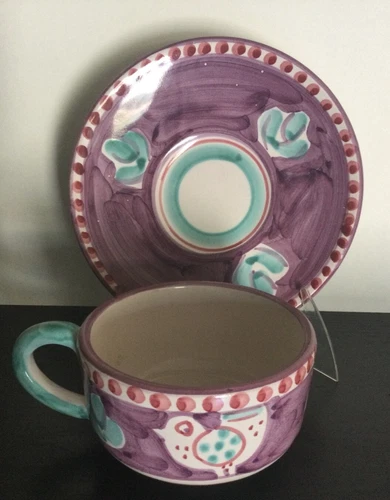 Vietri Solimene Chicken Violet Red Dots Hand Painted Cup & Saucer Italy