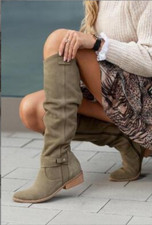 Womens Faux Suede Knee High Riding Boots Side Zipper Low Heel Casual Fashion
