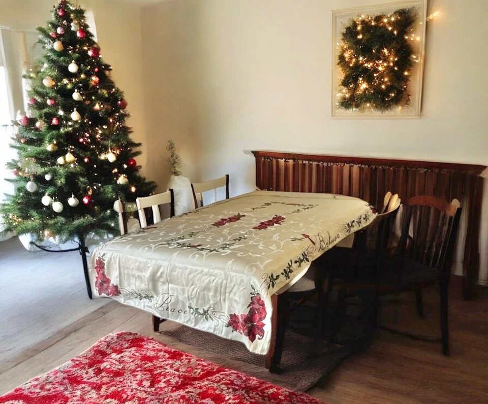 St. Nicholaus Square Christmas Tablecloth & 8 Napkins Set Cardinals Script Cream - Image 2 of 4