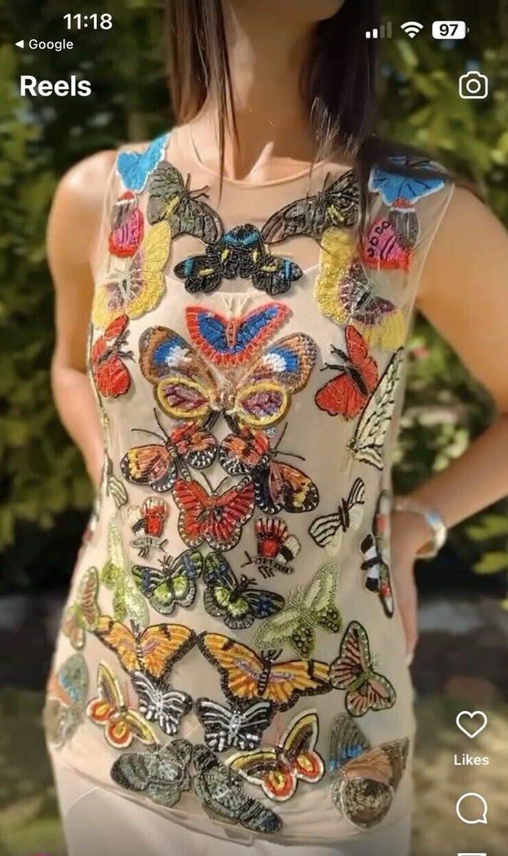 Alexander McQueen Sleeveless Embellished Butterfly Tulle Top, US6