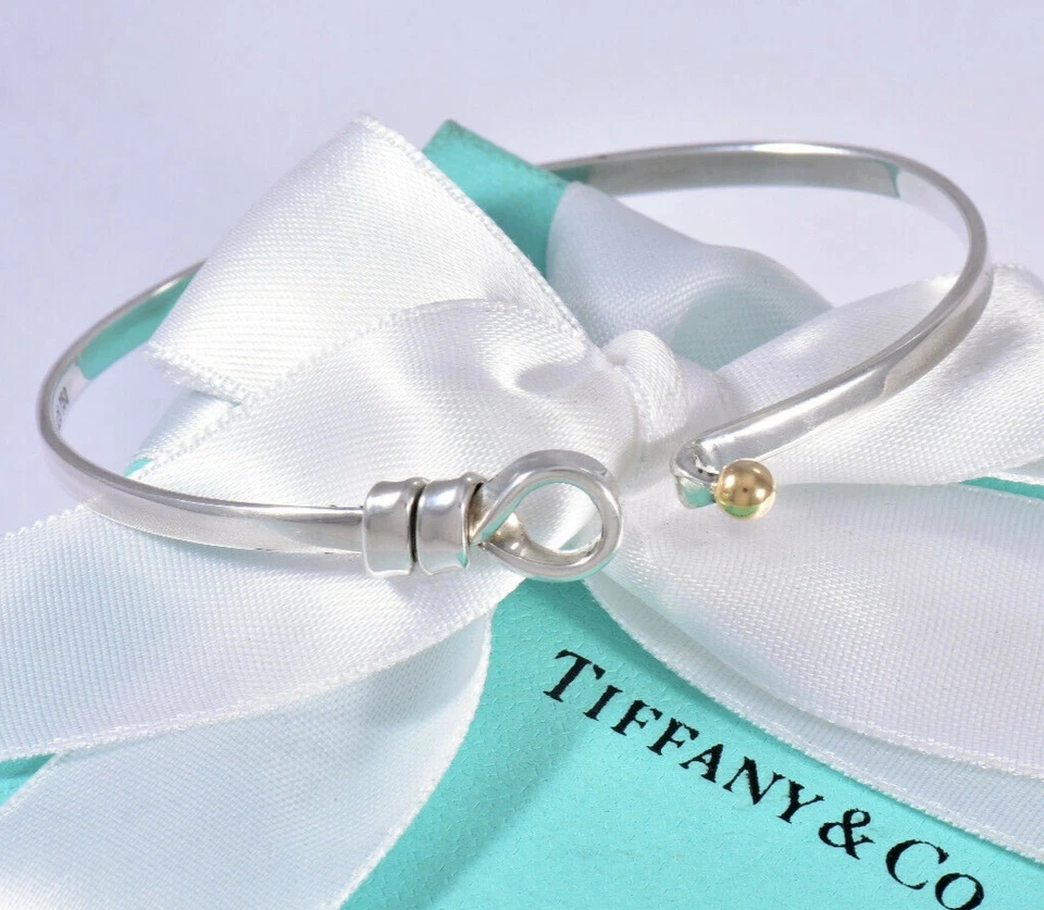 Tiffany & Co 18k Gold Silver Hook Eye Rope Bracelet in Pouch Rare Bangle Cuff - Image 2 of 4
