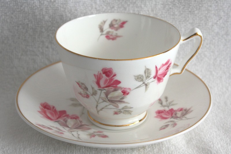 Vintage Crown Staffordshire Bone China Pink Roses Teacup and Saucer