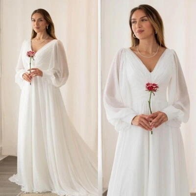 Brautkleid Hochzeitskleid V-Ausschnitt Chiffon Langarm Weiß Ivory 38 40 42 - Bild 1 von 4