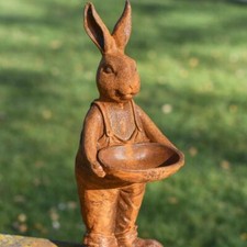 Rabbit Holding Bowl Rustic Cast Iron Garden Sculpture & Bird Bath