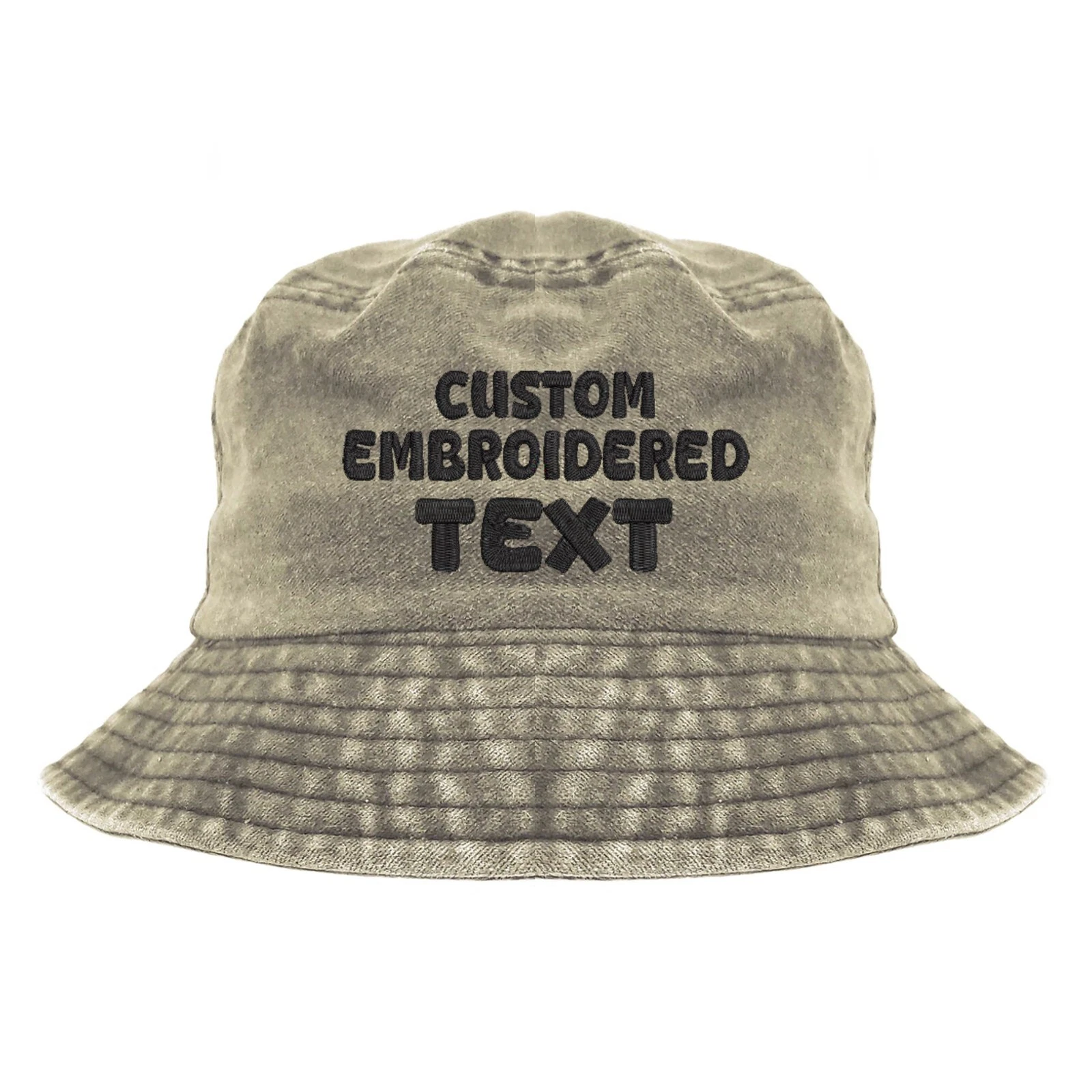 Custom embroidered bucket hat (khaki), custom bucket hat, custom embroidery