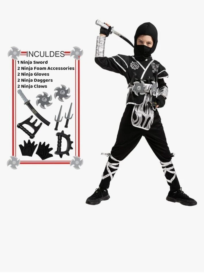 Disfraz de Halloween Silver Ninja Dragon Patrones Niños 28" Pecho Negro Foto 3 de 4