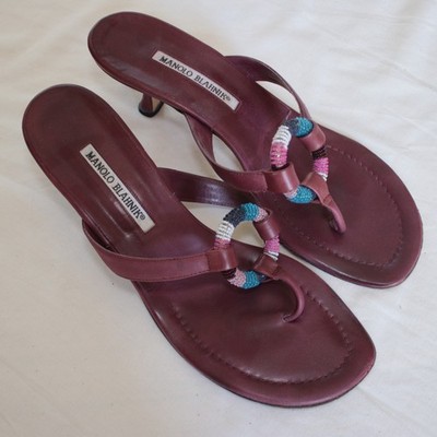 Used Manolo Blahnik Eggplant Purple Beaded Circle Detail Thong Heels Size 10