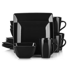 16/32/48-Piece Black Ceramic Porcelain Square Dinnerware Set with Dinner Plates