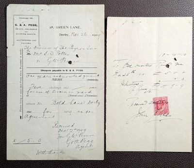 1909 G & A Pegg Estate Agents Bold Lane Derby Quittung & 1910 John Hill Mietschein